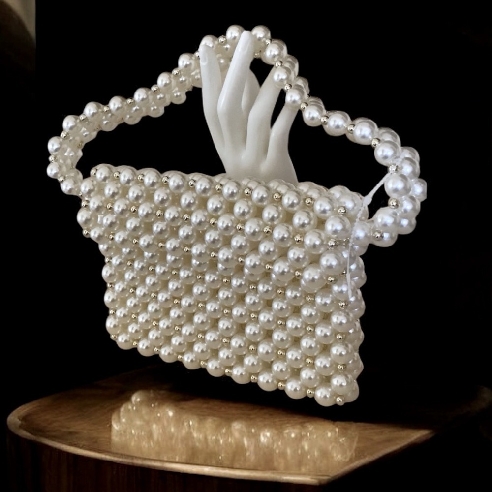 Elegant Ivory Pearl & Gold Beaded Handbag New 7” x 5” x 5” Pearl Handle - Picture 7 of 9